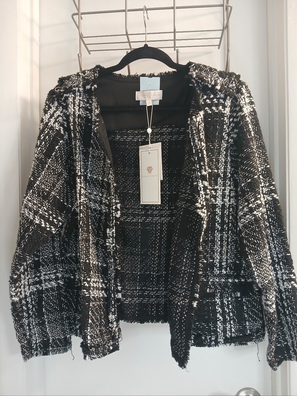 Black & White Tweed Open Front Collarless Jacket With Metal Accents 1X New!